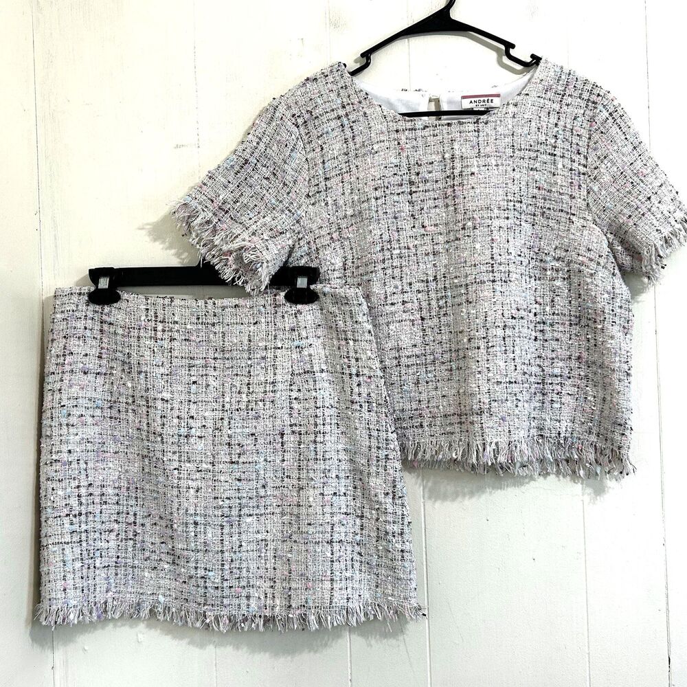 Andree by Unit Tweed 2 Piece Matching Set Crop Top Skirt Fringe Fray Size L